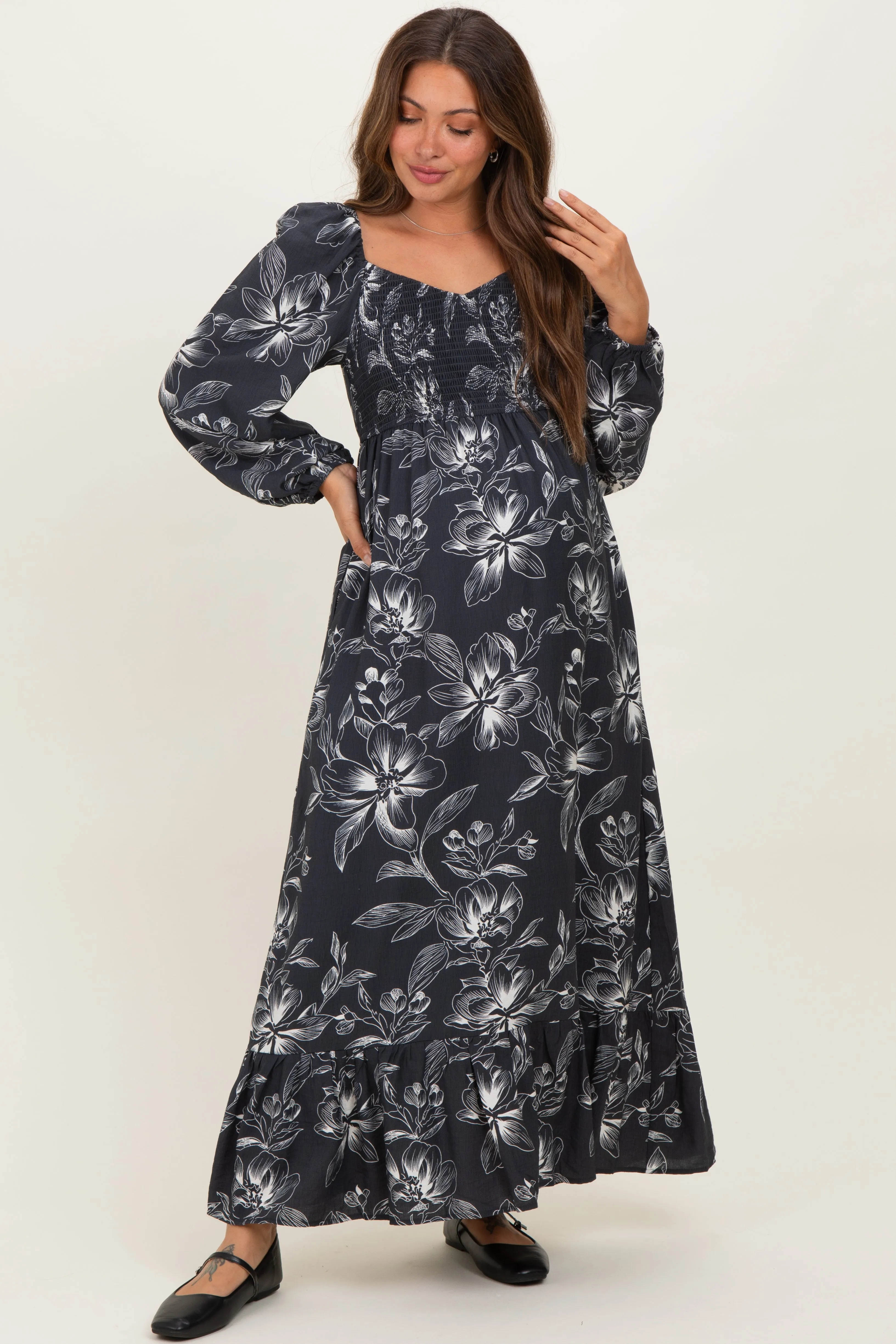Charcoal Floral Smocked Long Sleeve Maternity Maxi Dress sold by Pinkblush