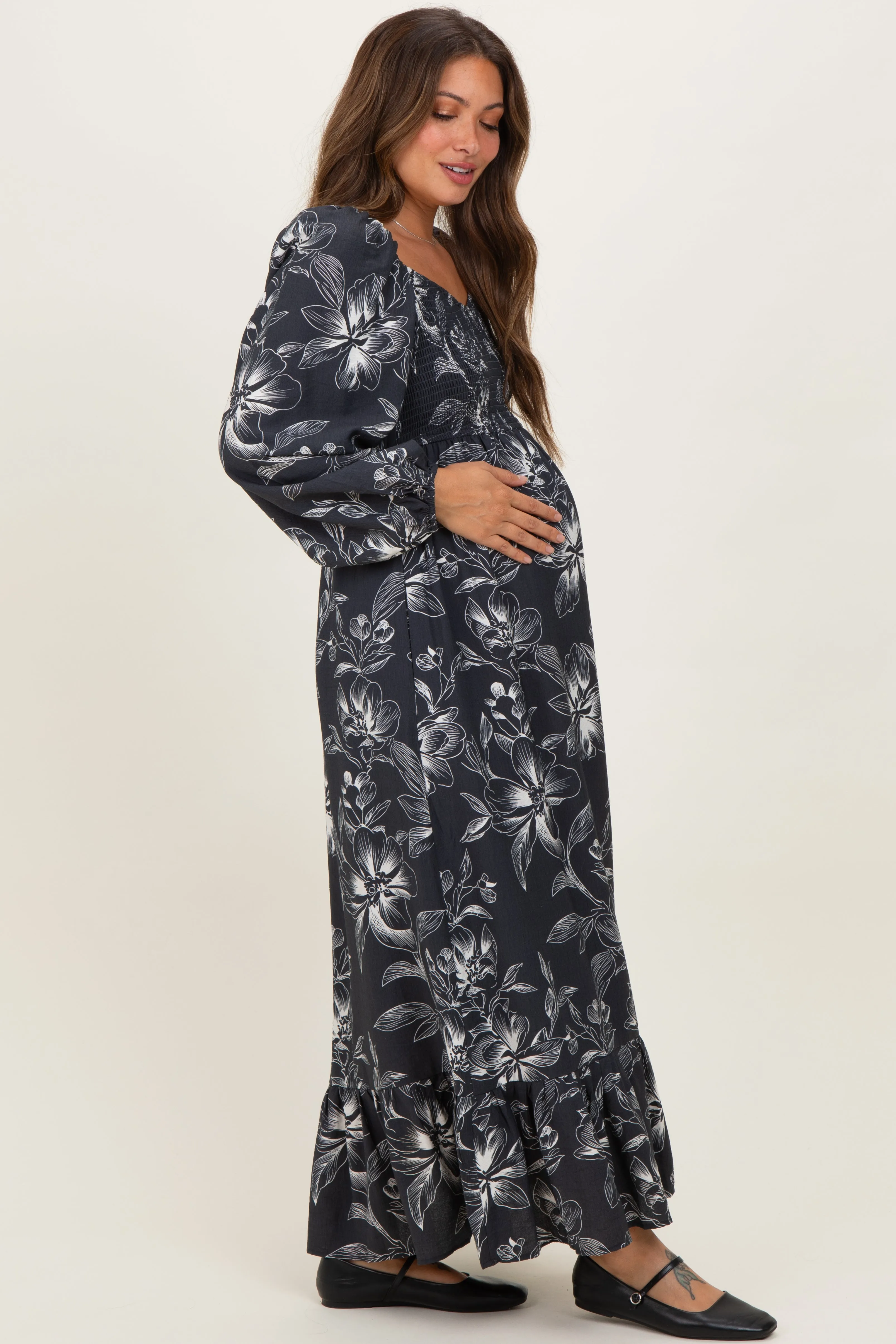 Charcoal Floral Smocked Long Sleeve Maternity Maxi Dress sold by Pinkblush product image thumbnail 2