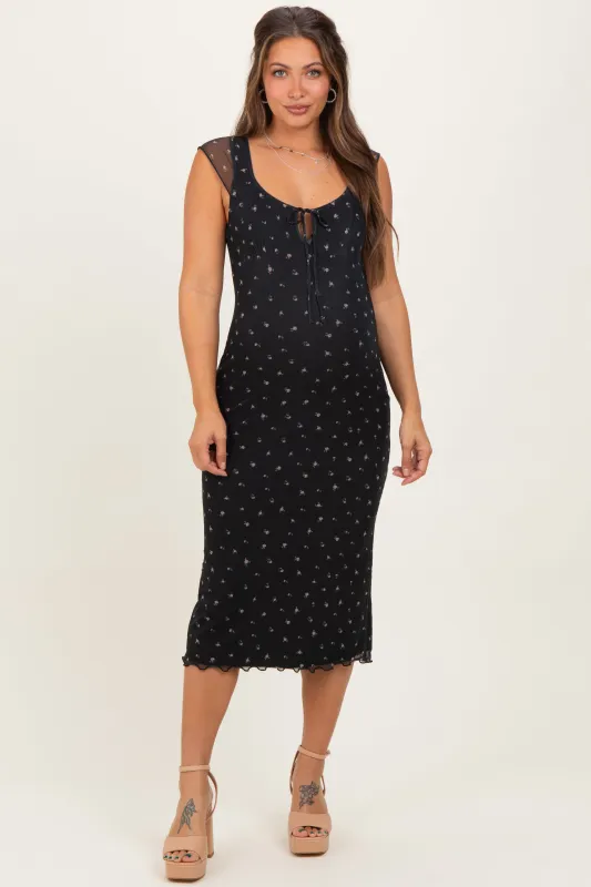 Black Floral Mesh Front Tie Cutout Maternity Midi Dress sold by Pinkblush