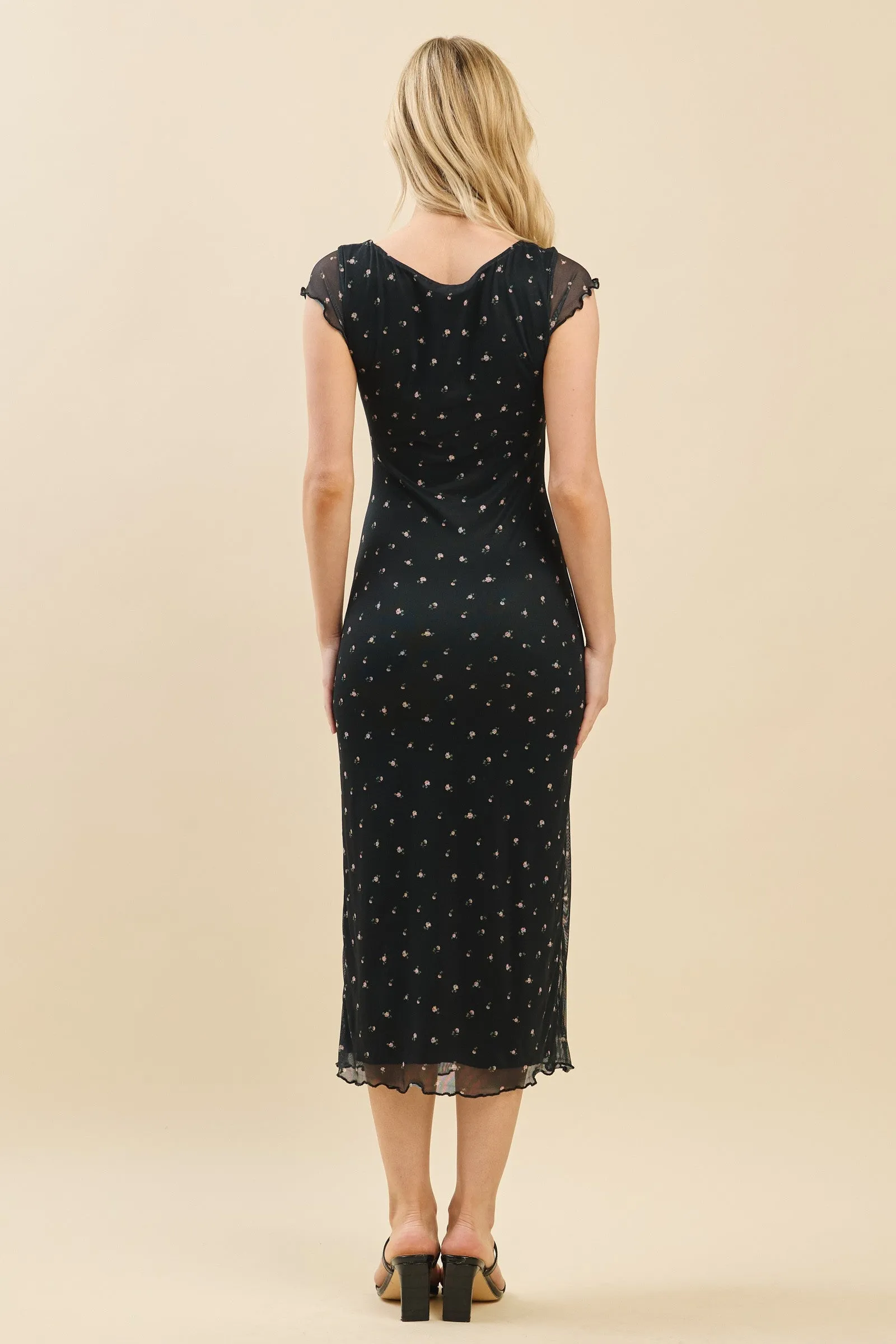 Black Floral Mesh Front Tie Cutout Midi Dress sold by Pinkblush product image thumbnail 3