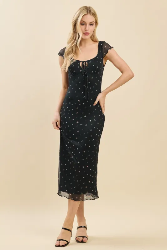 Black Floral Mesh Front Tie Cutout Midi Dress sold by Pinkblush