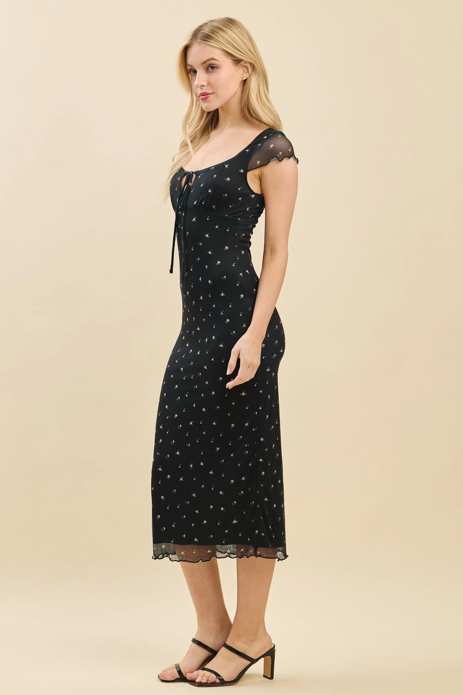 Black Floral Mesh Front Tie Cutout Midi Dress sold by Pinkblush product image thumbnail 2