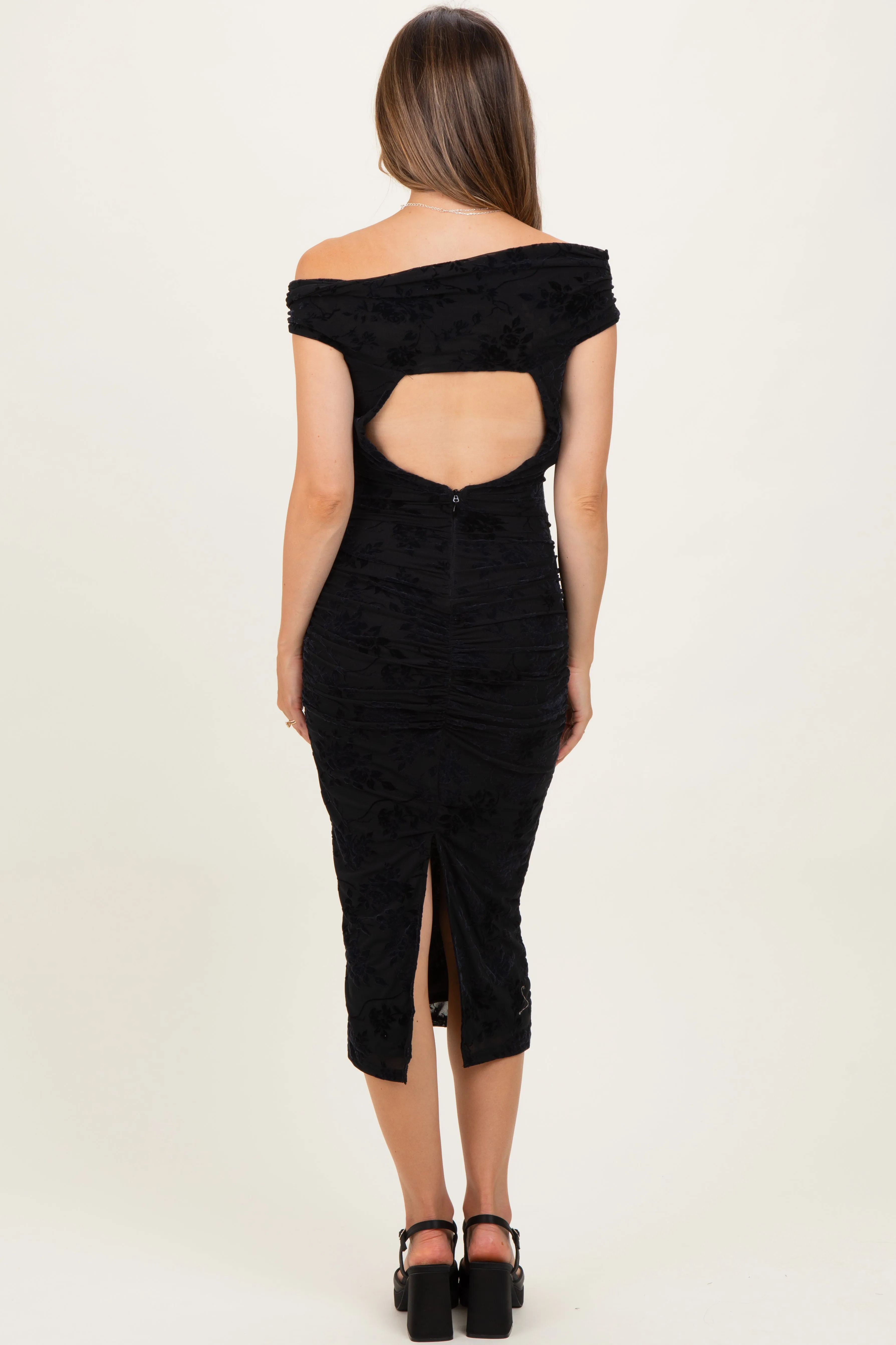 Black Off Shoulder Ruched Mesh Maternity Midi Dress sold by Pinkblush product image thumbnail 4