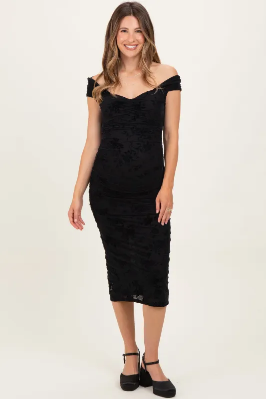 Black Off Shoulder Ruched Mesh Maternity Midi Dress sold by Pinkblush