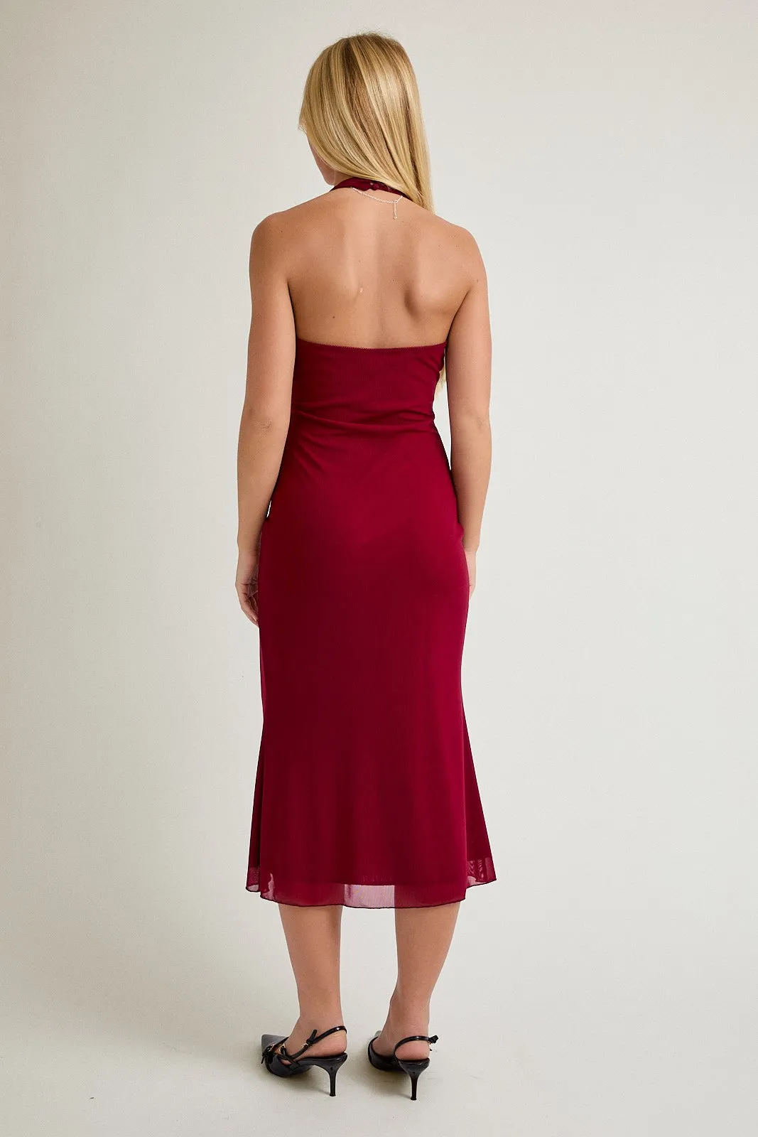 Red Mesh Pendant Halter Midi Dress sold by Pinkblush product image thumbnail 3