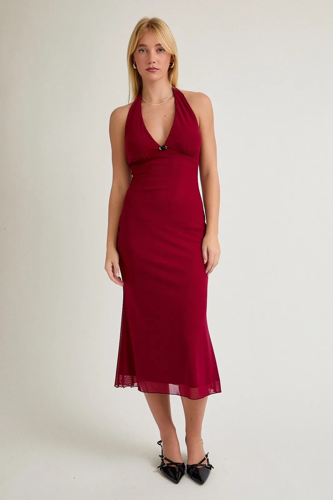 Red Mesh Pendant Halter Midi Dress sold by Pinkblush