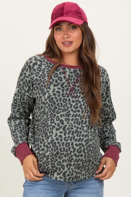 Sage Ribbed Animal Print Contrast Trim Maternity Pullover sold by Pinkblush