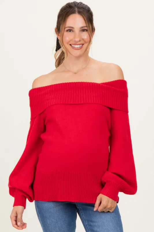 Red Off Shoulder Maternity Sweater sold by Pinkblush