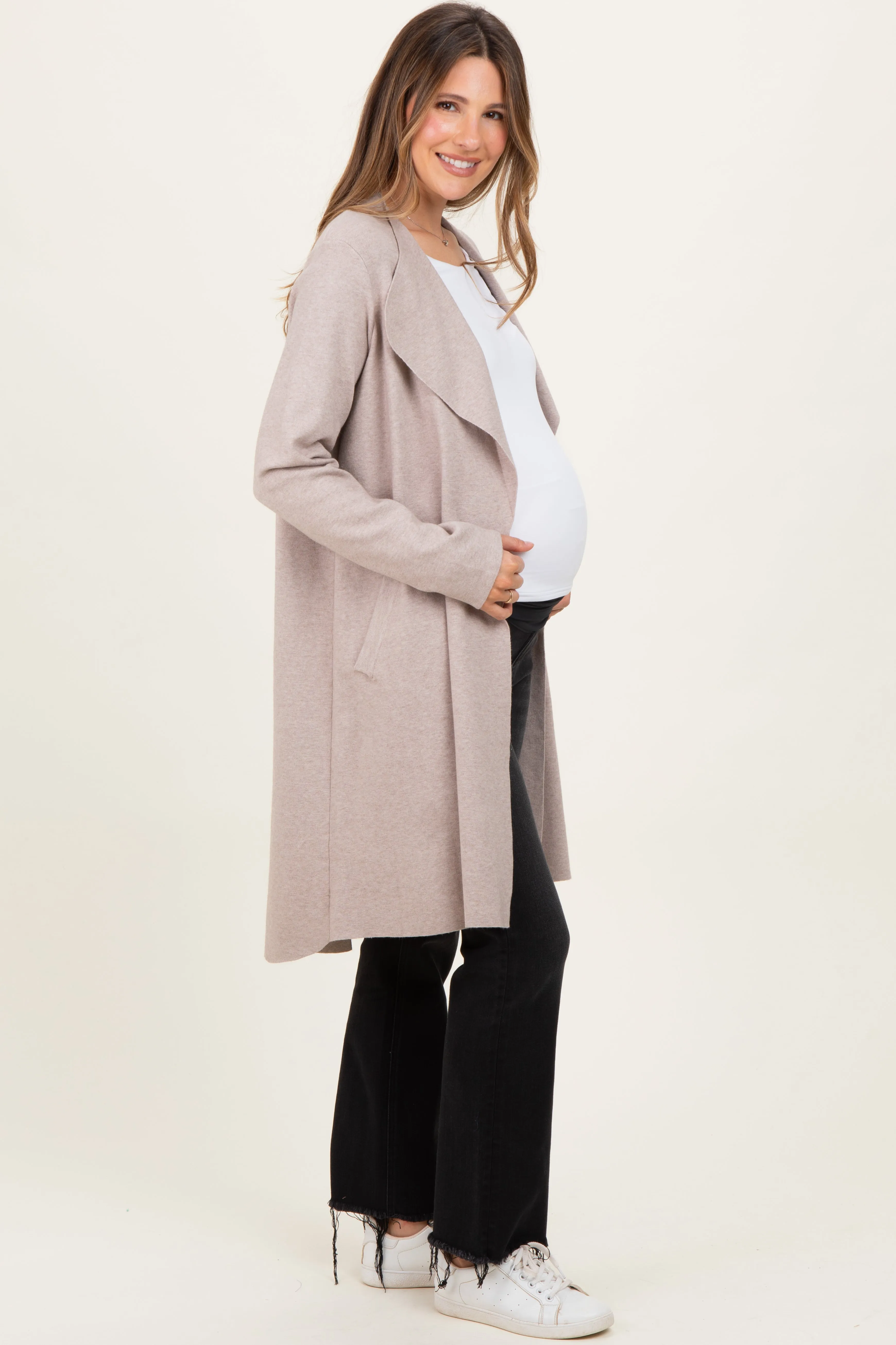 Oatmeal Knit Open Front Long Maternity Cardigan sold by Pinkblush product image thumbnail 2