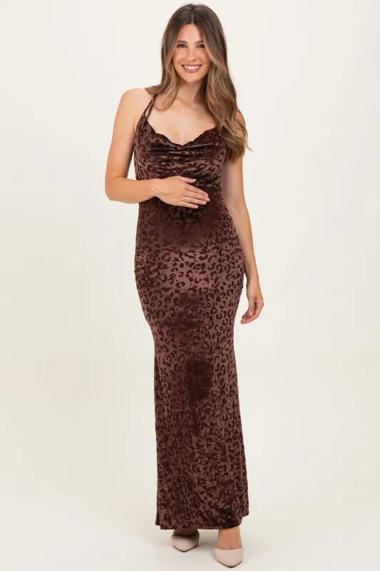 Brown Animal Print Halter Maternity Maxi Dress sold by Pinkblush