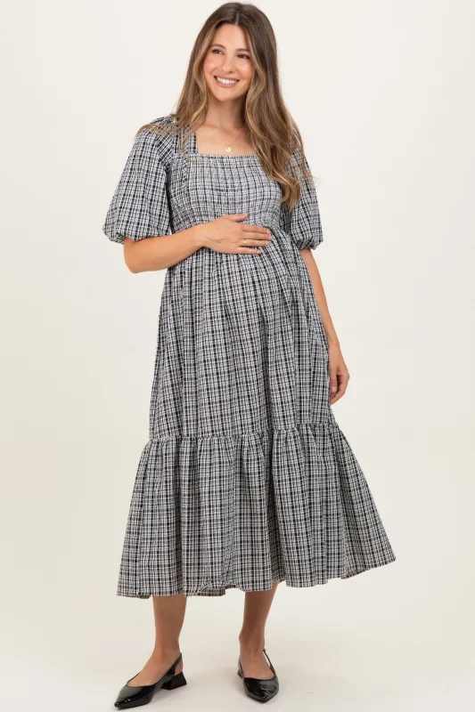 Black Plaid  Bubble Sleeve Maternity Dress sold by Pinkblush