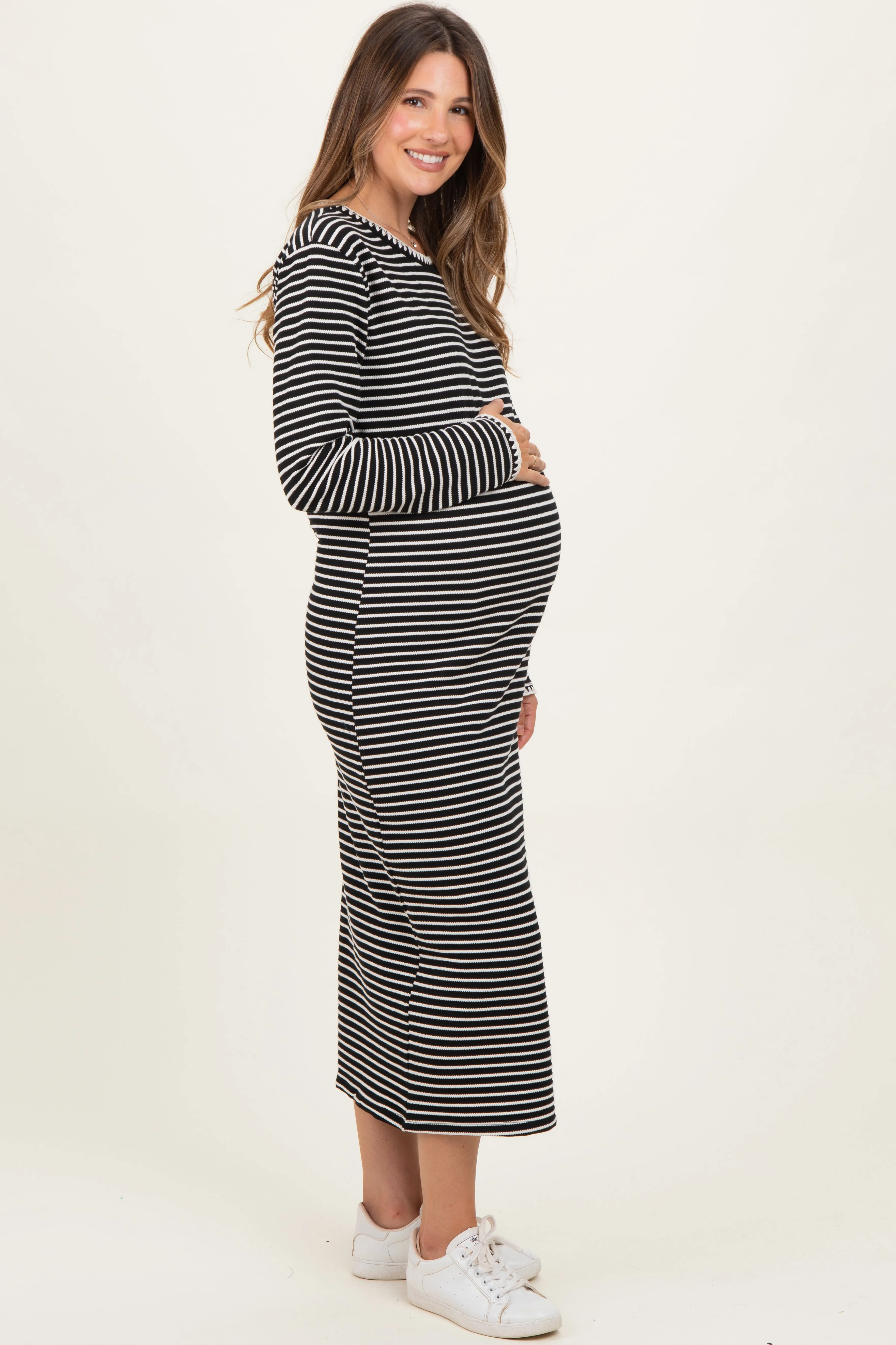 Black Striped Stitch Detail Long Sleeve Maternity Midi Dress sold by Pinkblush product image thumbnail 3
