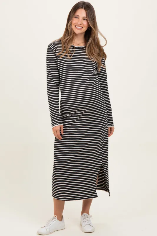 Black Striped Stitch Detail Long Sleeve Maternity Midi Dress sold by Pinkblush