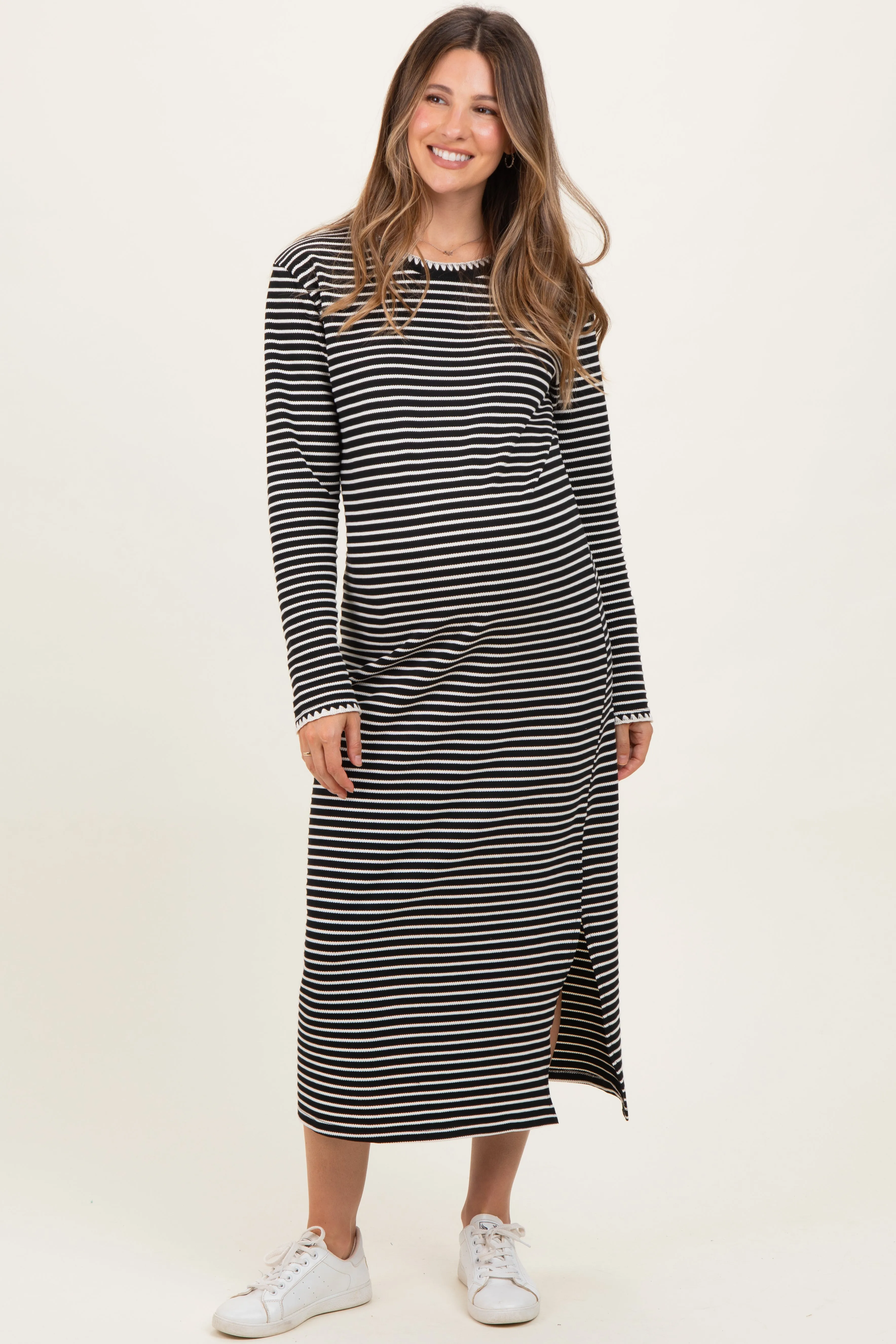 Black Striped Stitch Detail Long Sleeve Maternity Midi Dress sold by Pinkblush