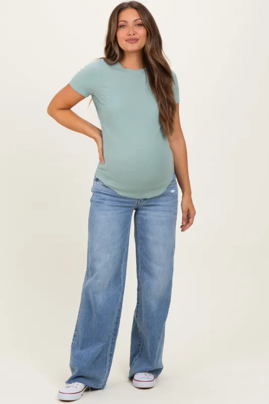 Medium Wash Mid Rise Clean Cut Raw Hem Wide Maternity Jeans made by Vervet