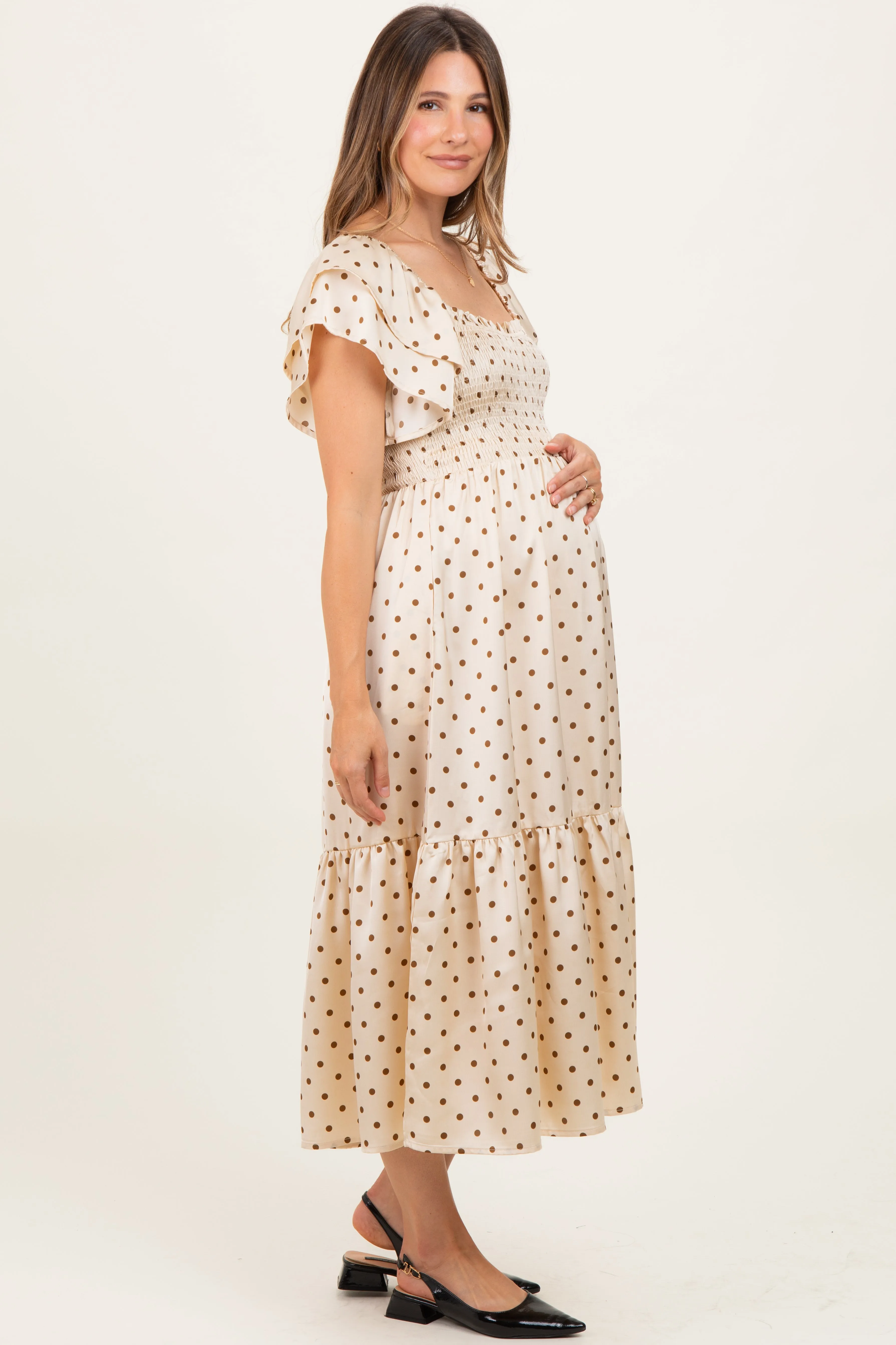 Cream Polka Dot Satin Smocked Flutter Sleeve Maternity Dress sold by Pinkblush product image thumbnail 3