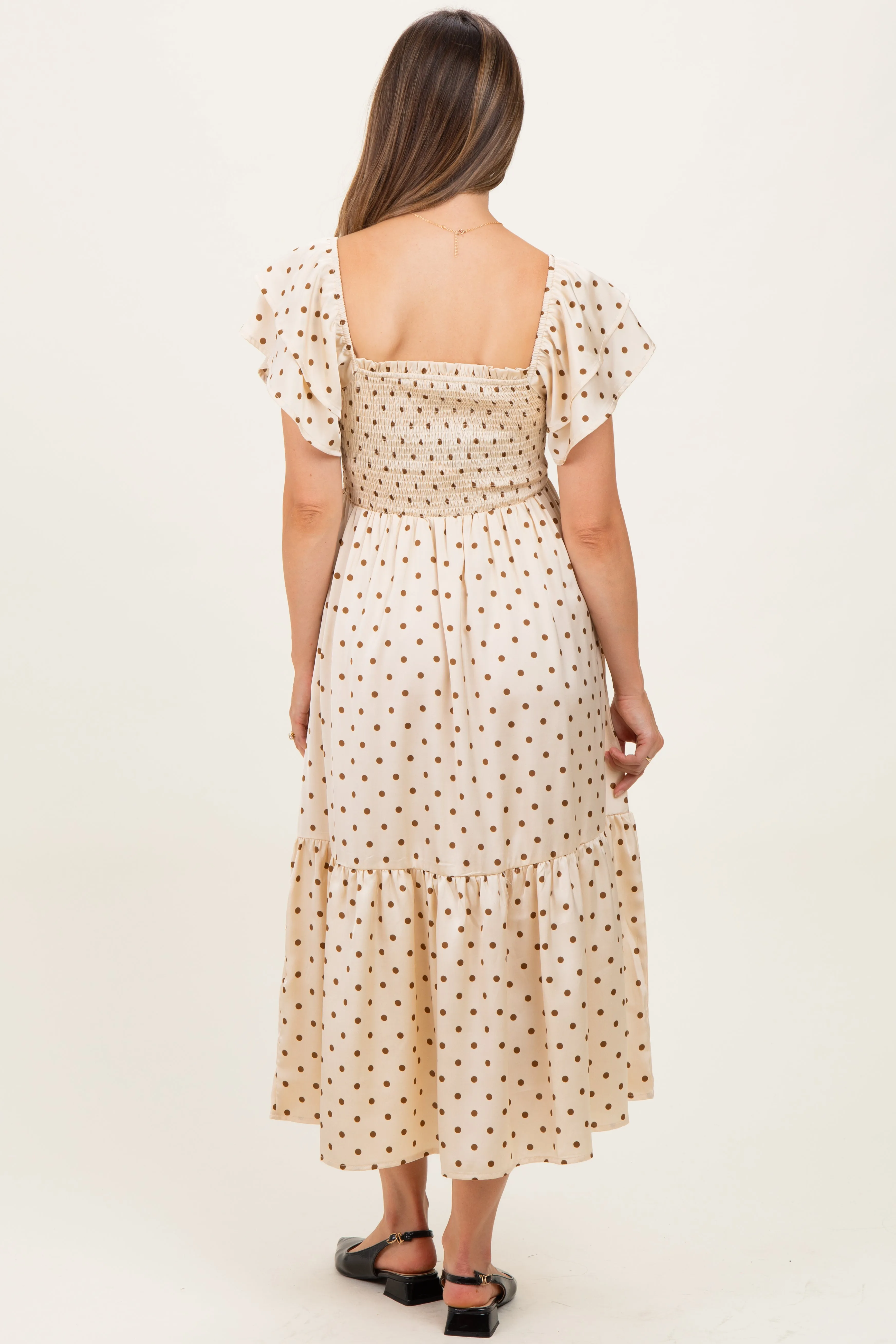 Cream Polka Dot Satin Smocked Flutter Sleeve Maternity Dress sold by Pinkblush product image thumbnail 4