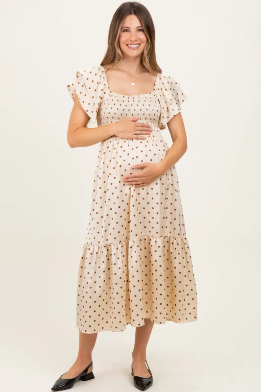 Cream Polka Dot Satin Smocked Flutter Sleeve Maternity Dress sold by Pinkblush