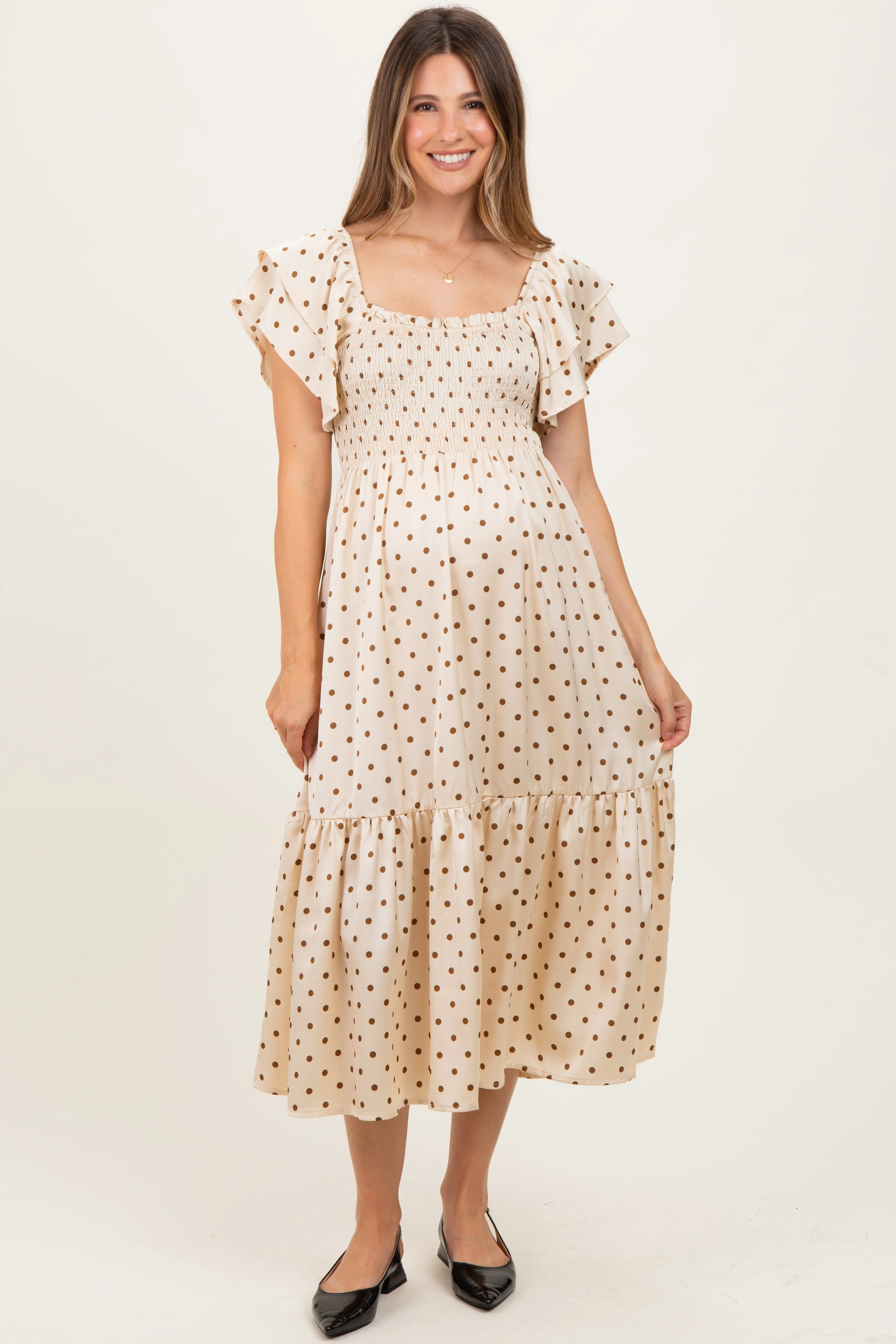 Cream Polka Dot Satin Smocked Flutter Sleeve Maternity Dress sold by Pinkblush product image thumbnail 2