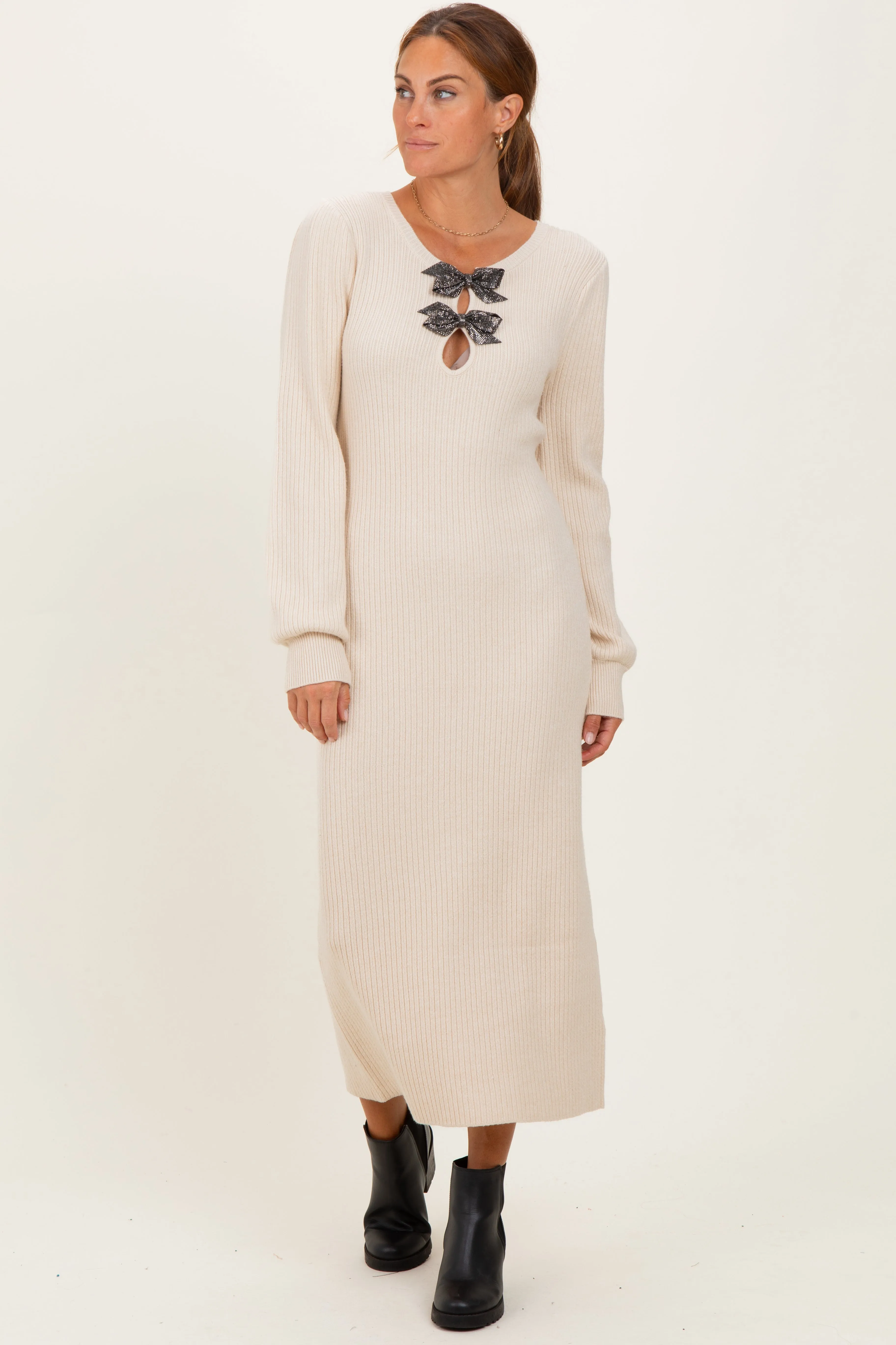 Cream Ribbed Bow Detail Midi Sweater Dress sold by Pinkblush product image thumbnail 2