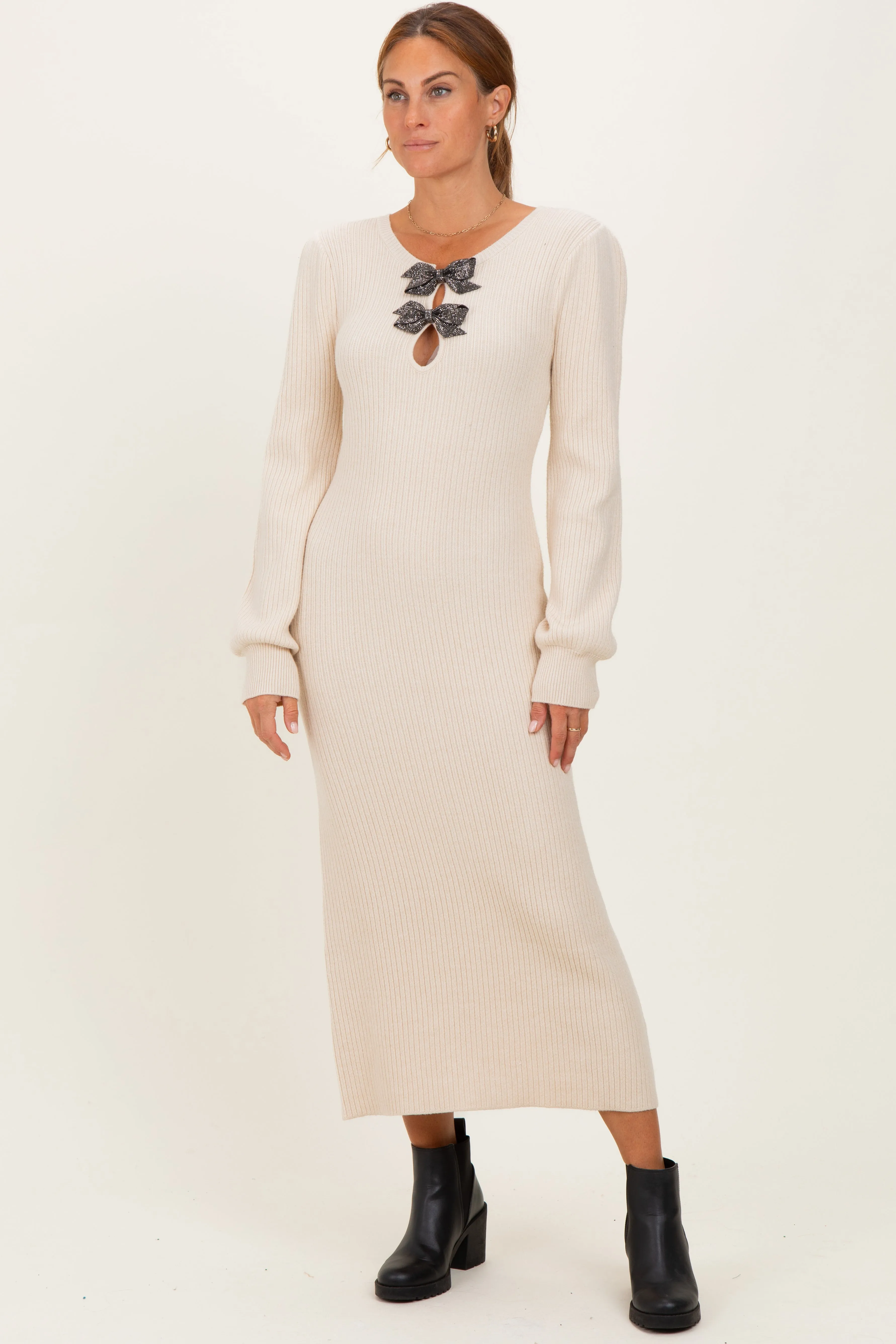 Cream Ribbed Bow Detail Midi Sweater Dress sold by Pinkblush product image thumbnail 3