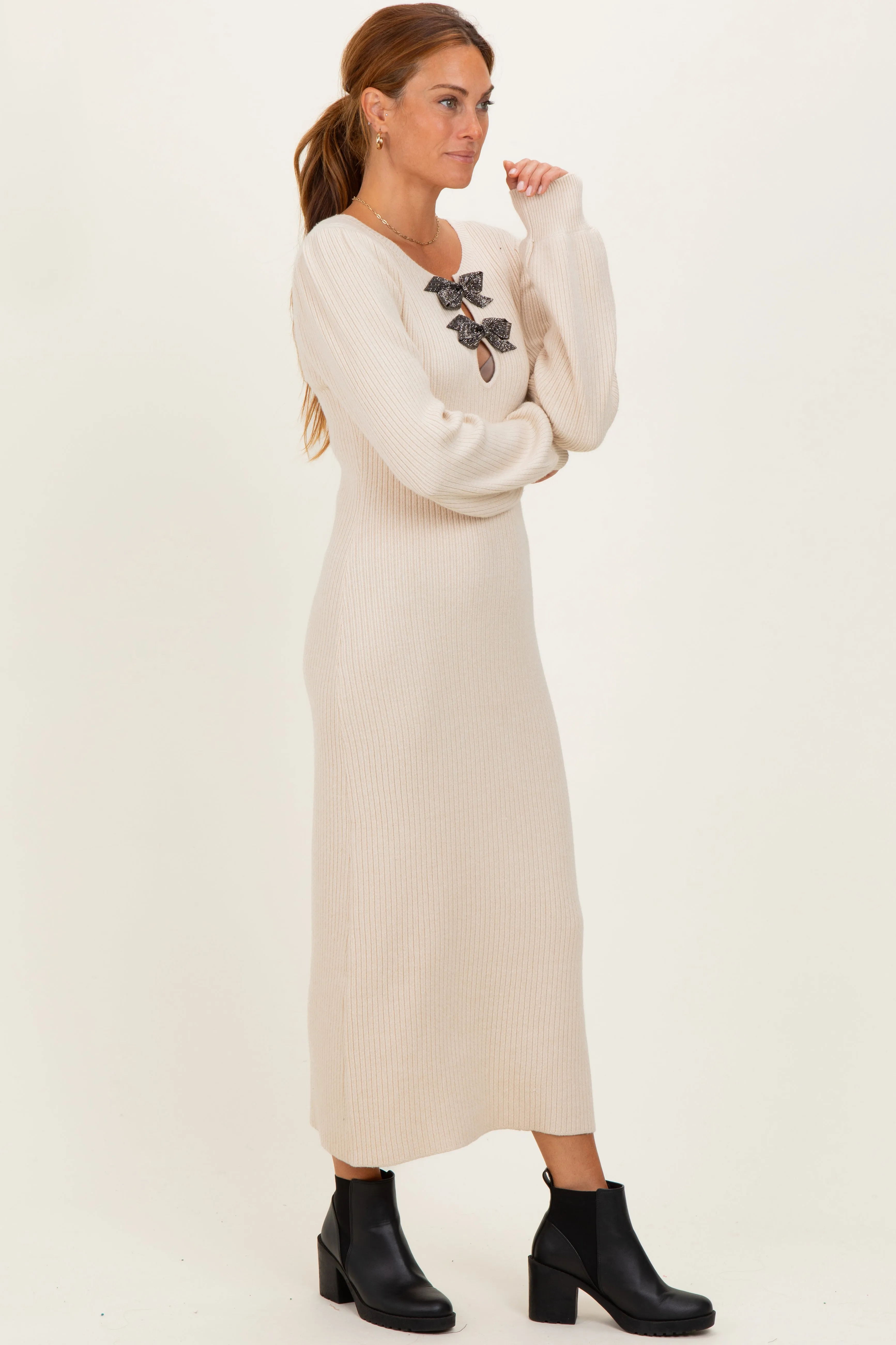 Cream Ribbed Bow Detail Midi Sweater Dress sold by Pinkblush product image thumbnail 4