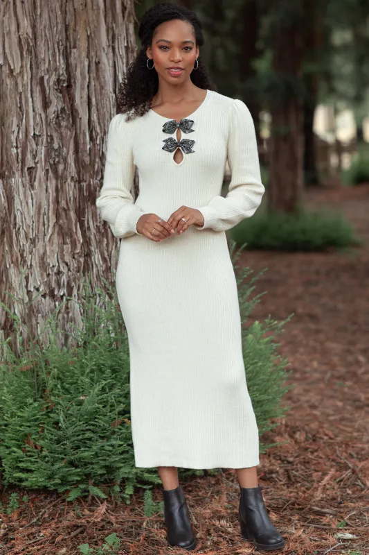 Cream Ribbed Bow Detail Midi Sweater Dress made by Pinkblush