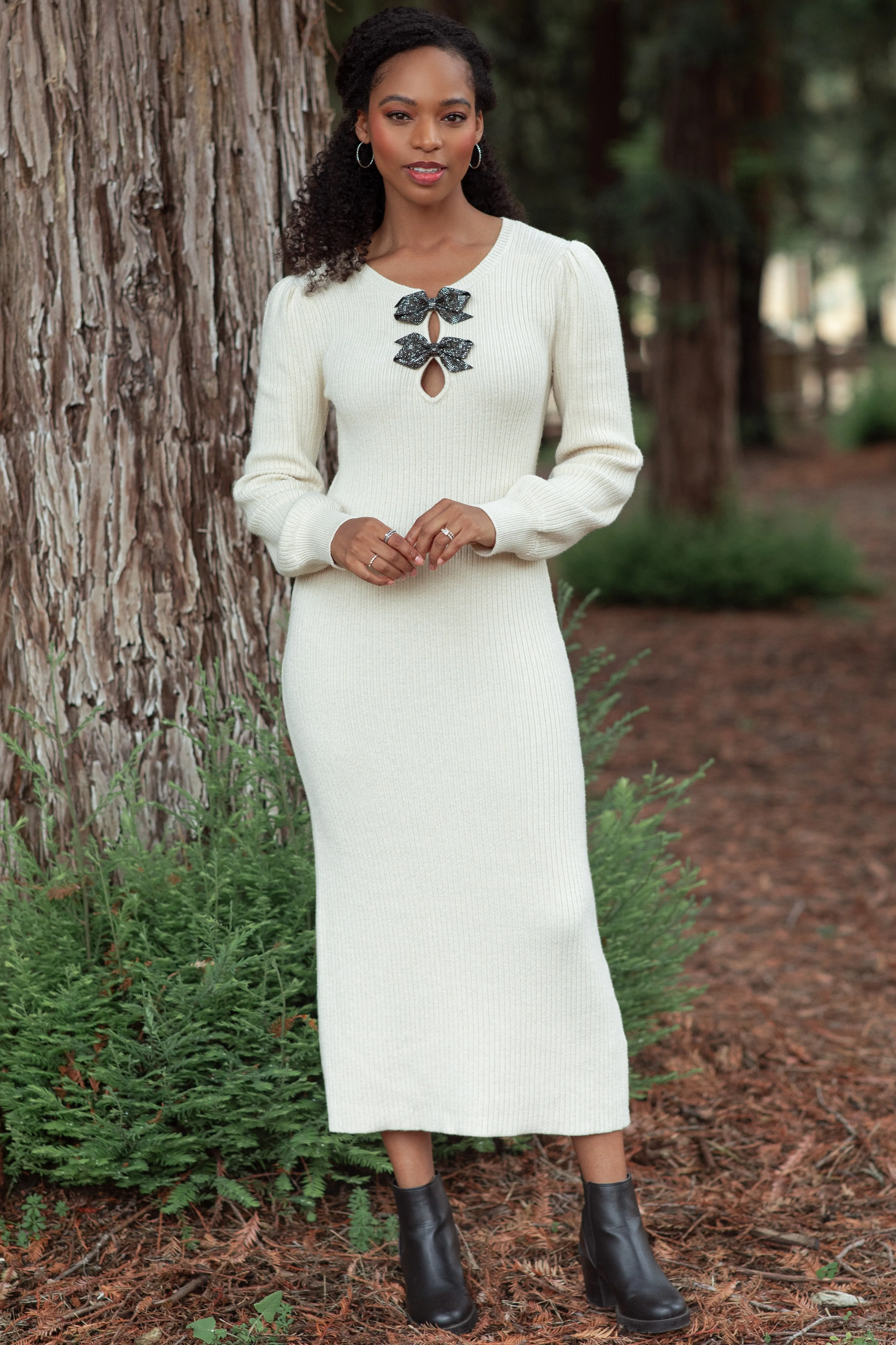 Cream Ribbed Bow Detail Midi Sweater Dress sold by Pinkblush