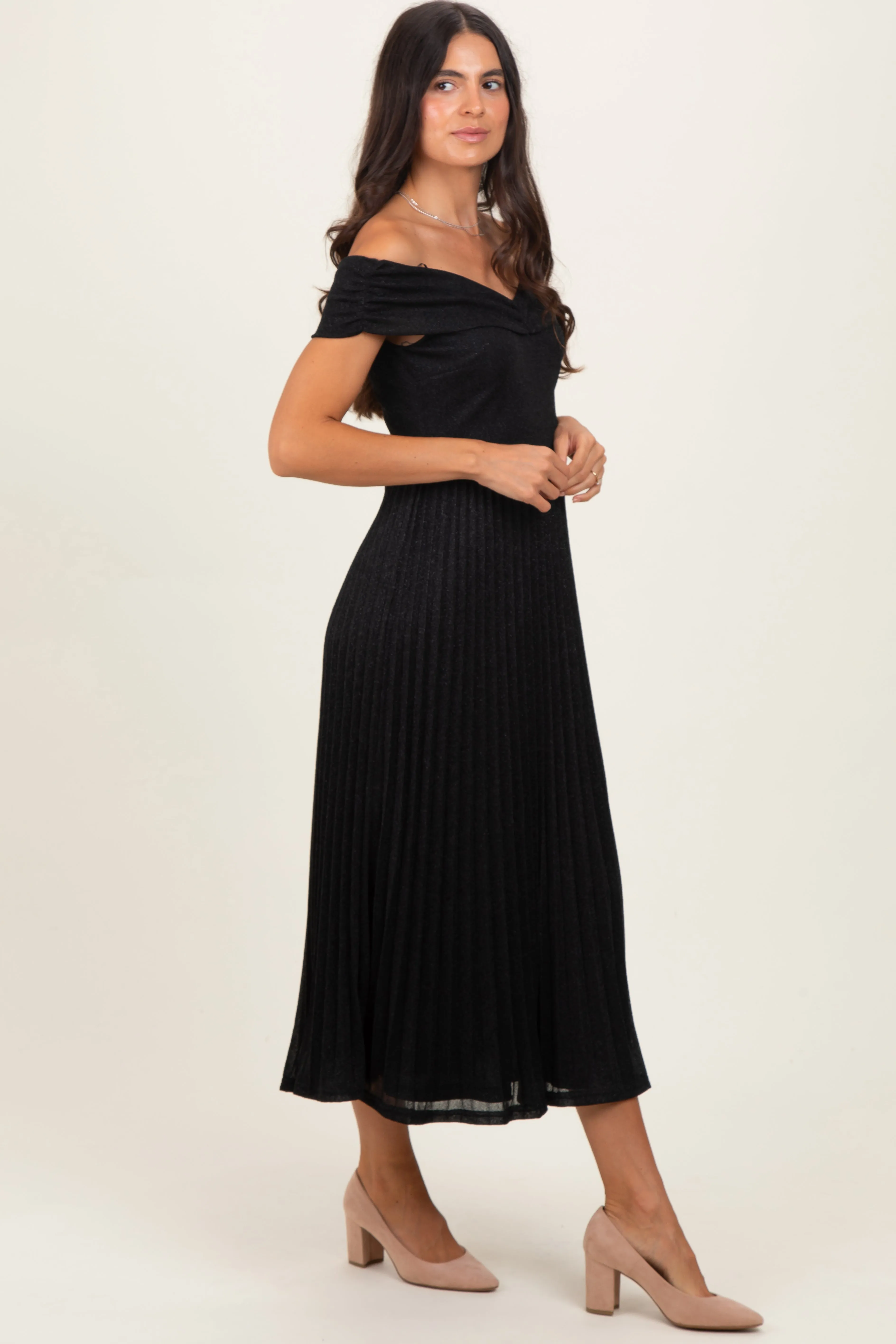 Black Shimmer Off Shoulder Pleated Midi Dress sold by Pinkblush product image thumbnail 3