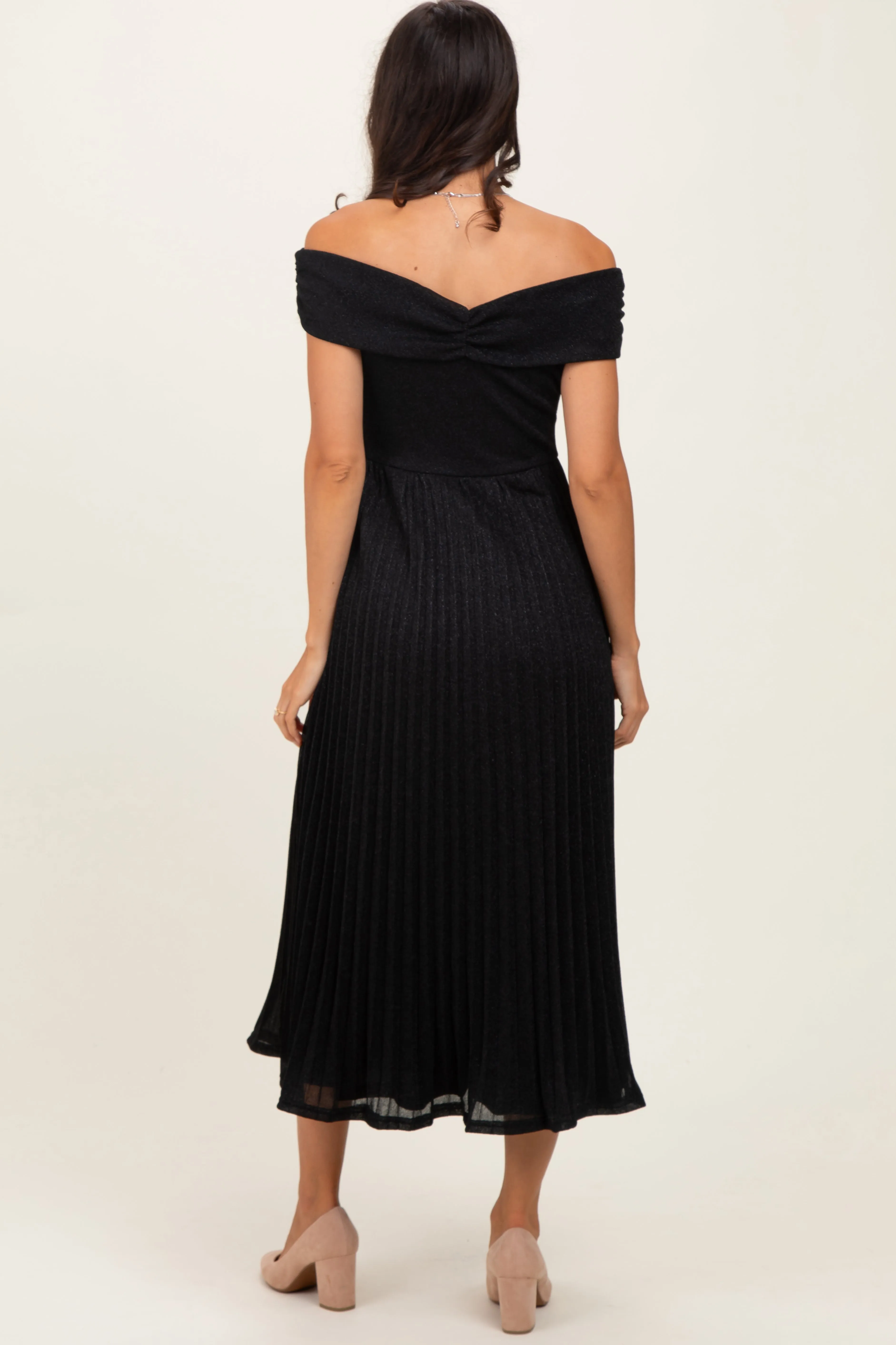 Black Shimmer Off Shoulder Pleated Midi Dress sold by Pinkblush product image thumbnail 4