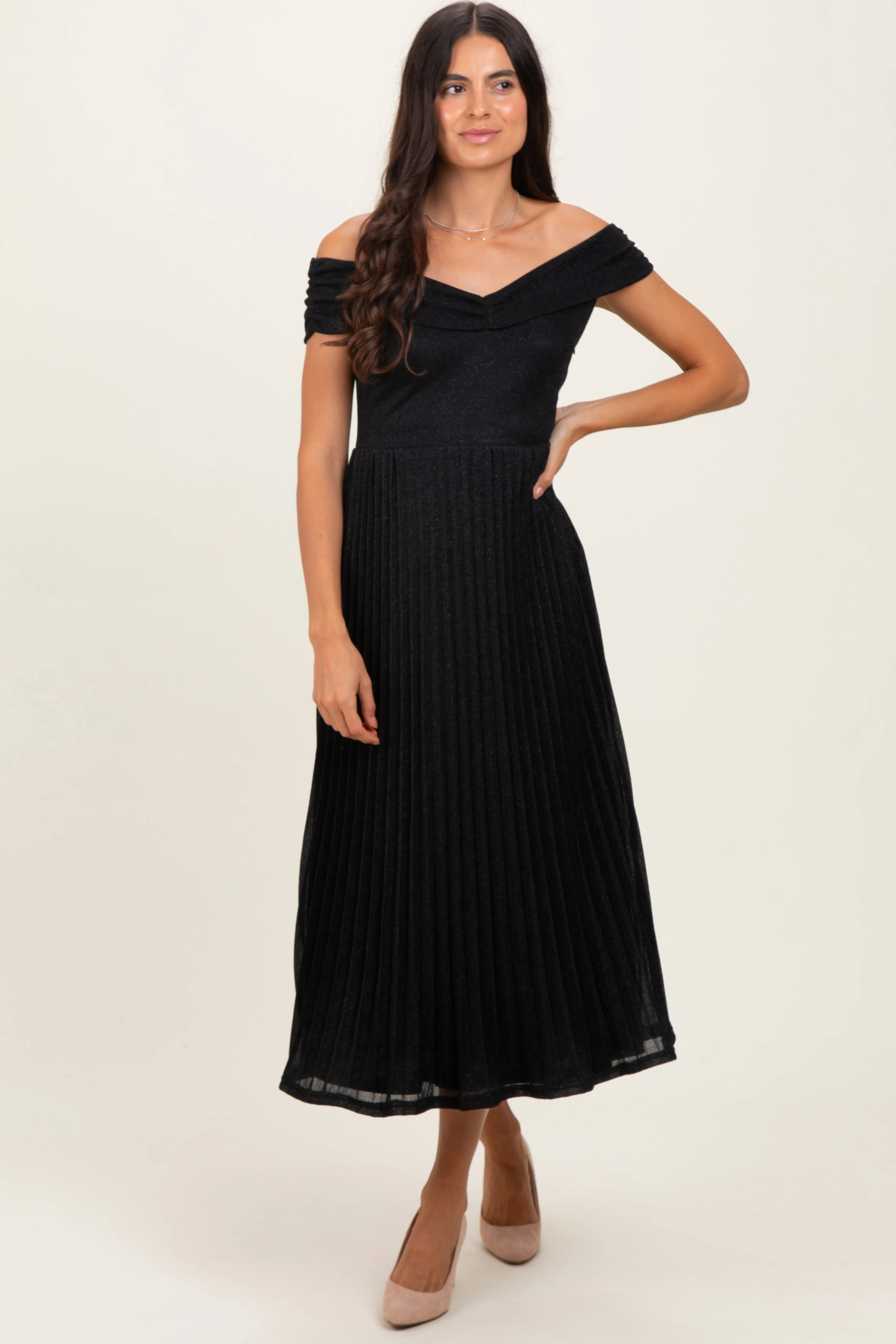 Black Shimmer Off Shoulder Pleated Midi Dress sold by Pinkblush
