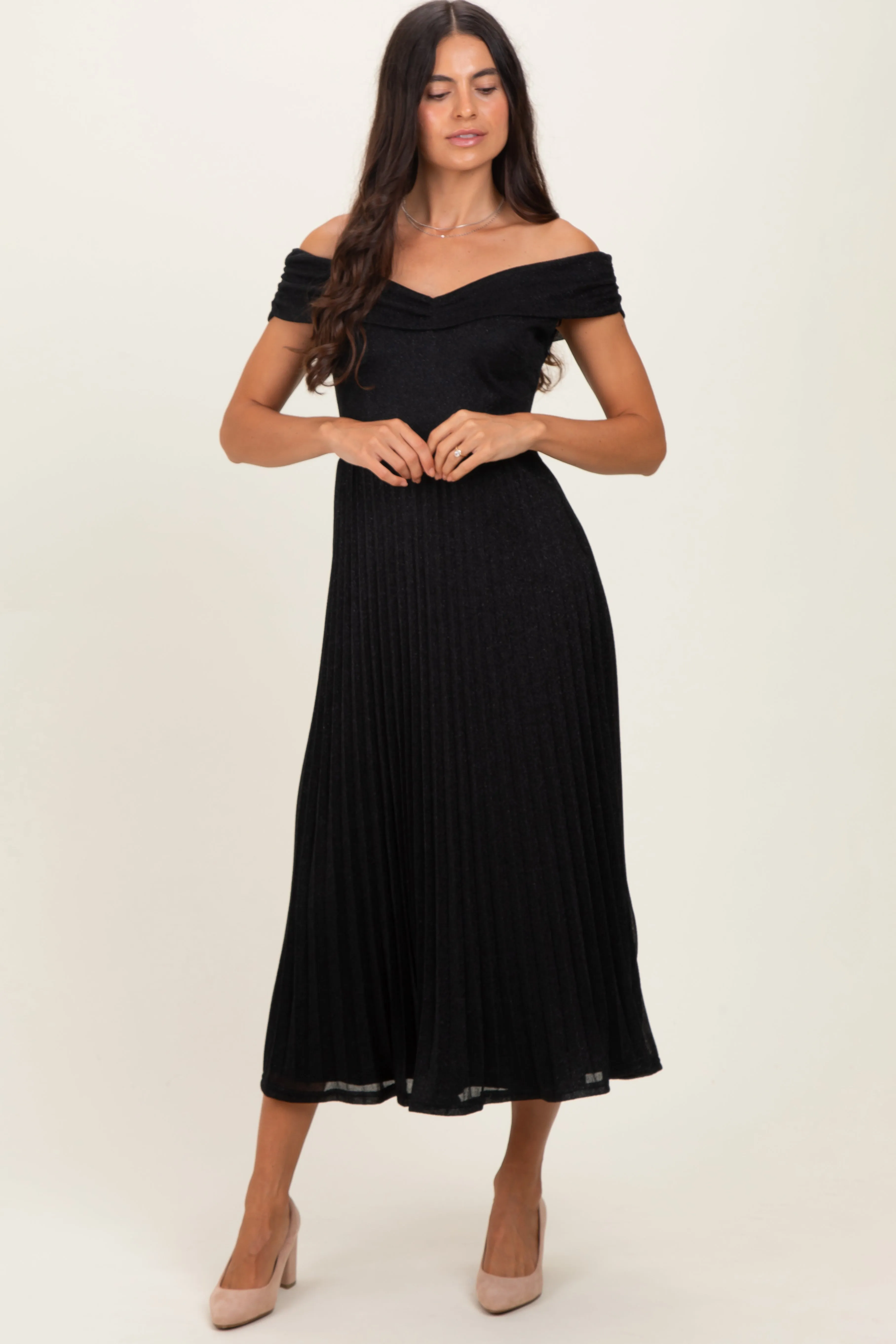 Black Shimmer Off Shoulder Pleated Midi Dress sold by Pinkblush product image thumbnail 2