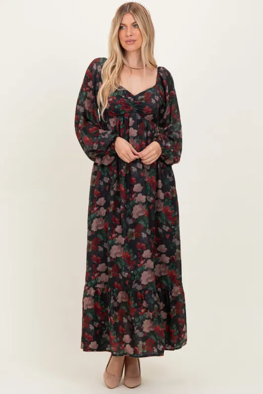 Black Floral Long Balloon Sleeve Sweetheart Neck Maxi Dress sold by Pinkblush