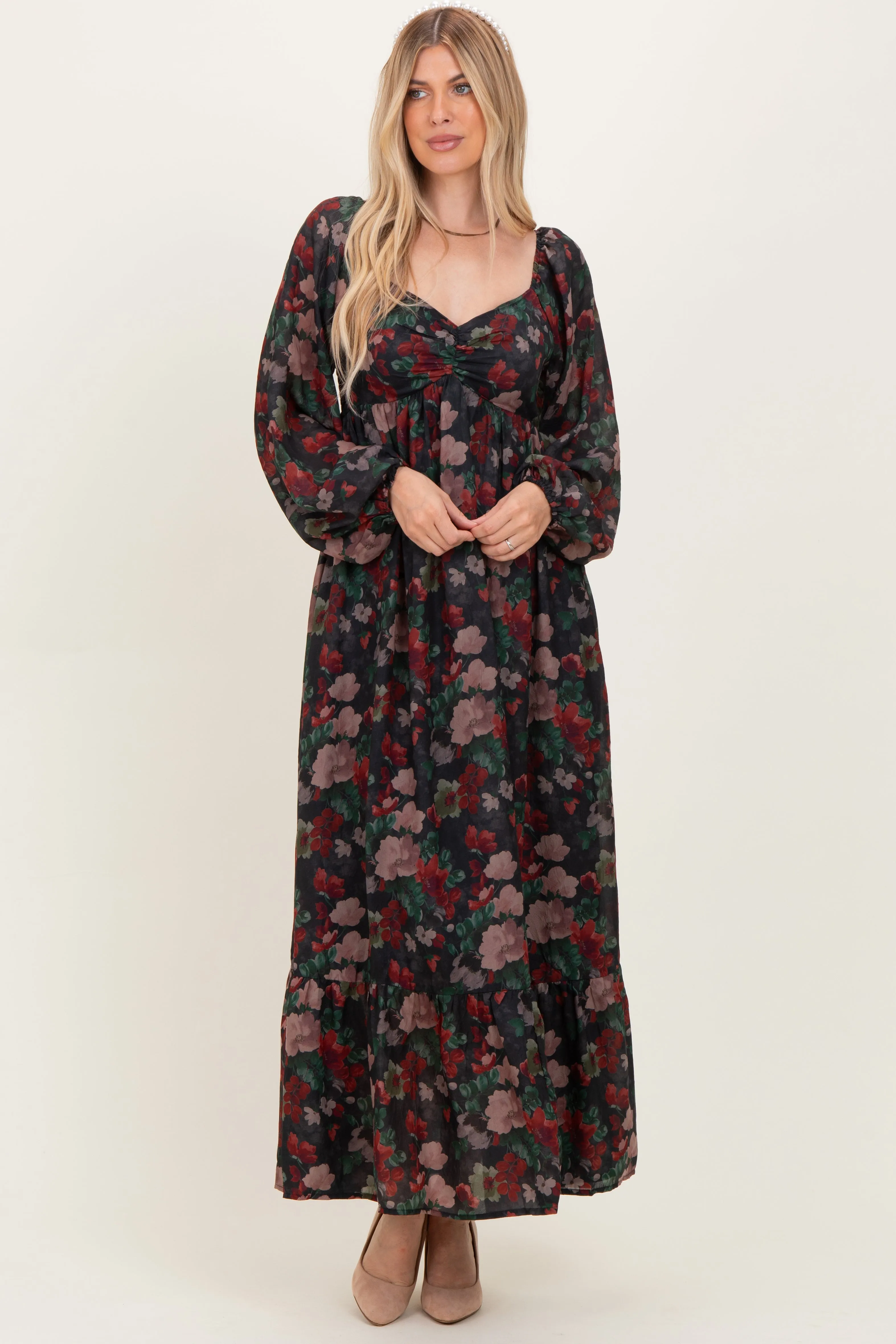Black Floral Long Balloon Sleeve Sweetheart Neck Maxi Dress sold by Pinkblush