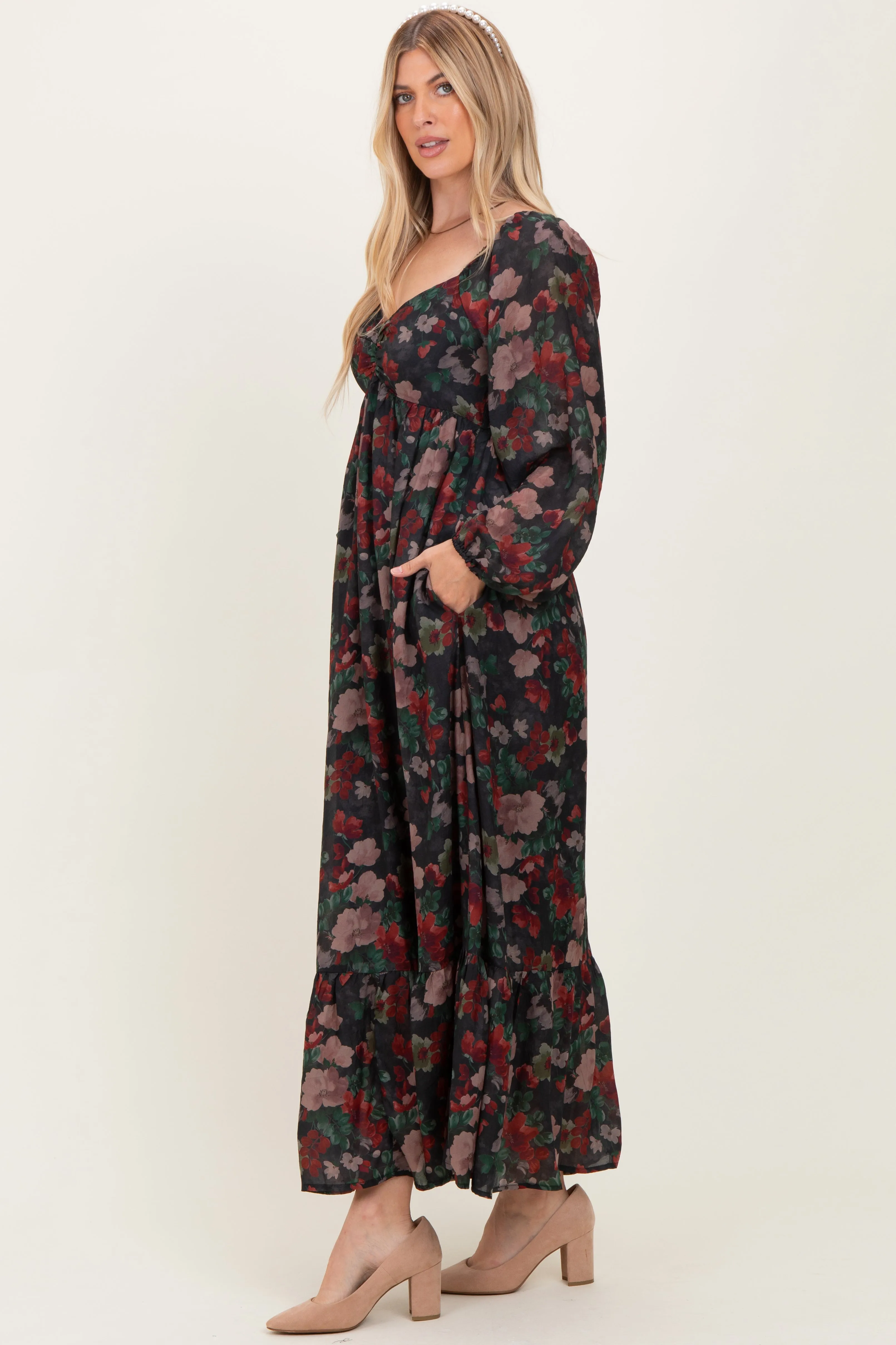 Black Floral Long Balloon Sleeve Sweetheart Neck Maxi Dress sold by Pinkblush product image thumbnail 2