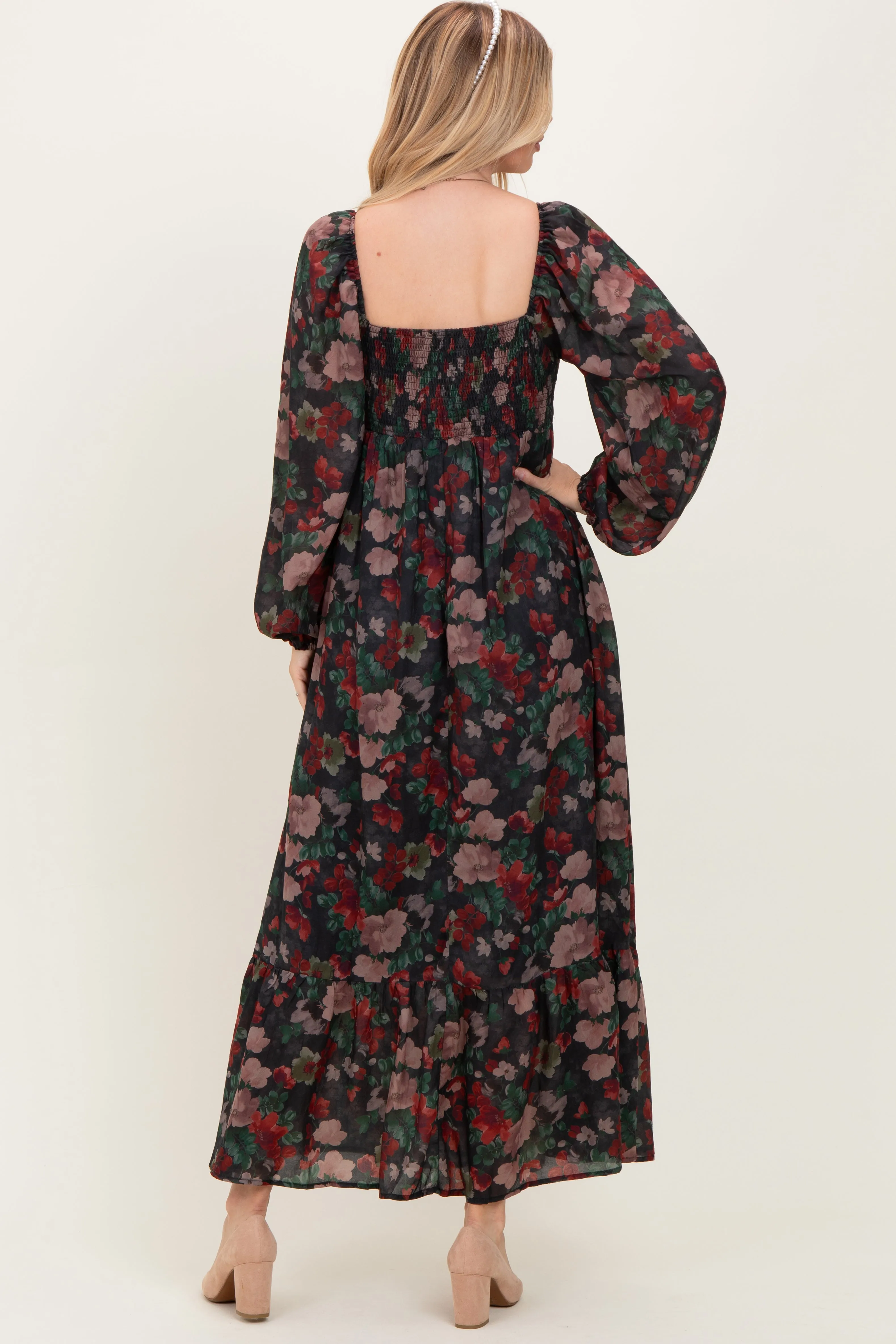 Black Floral Long Balloon Sleeve Sweetheart Neck Maxi Dress sold by Pinkblush product image thumbnail 3