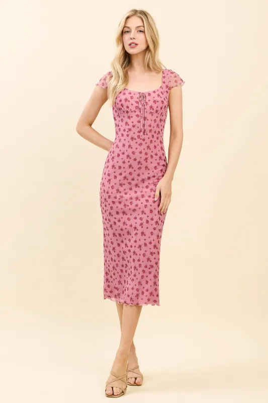 Pink Floral Mesh Front Tie Cutout Midi Dress sold by Pinkblush