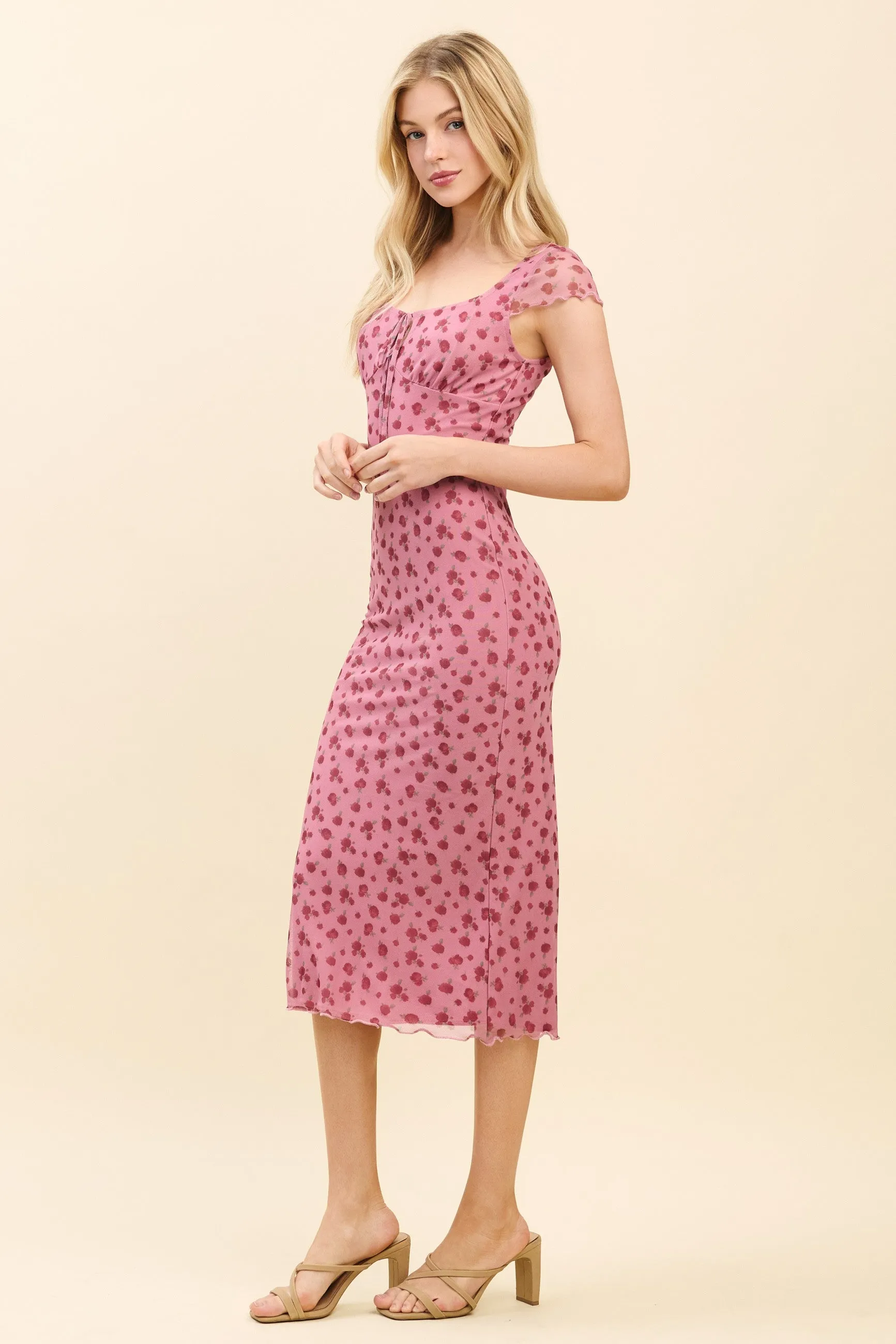 Pink Floral Mesh Front Tie Cutout Midi Dress sold by Pinkblush product image thumbnail 2