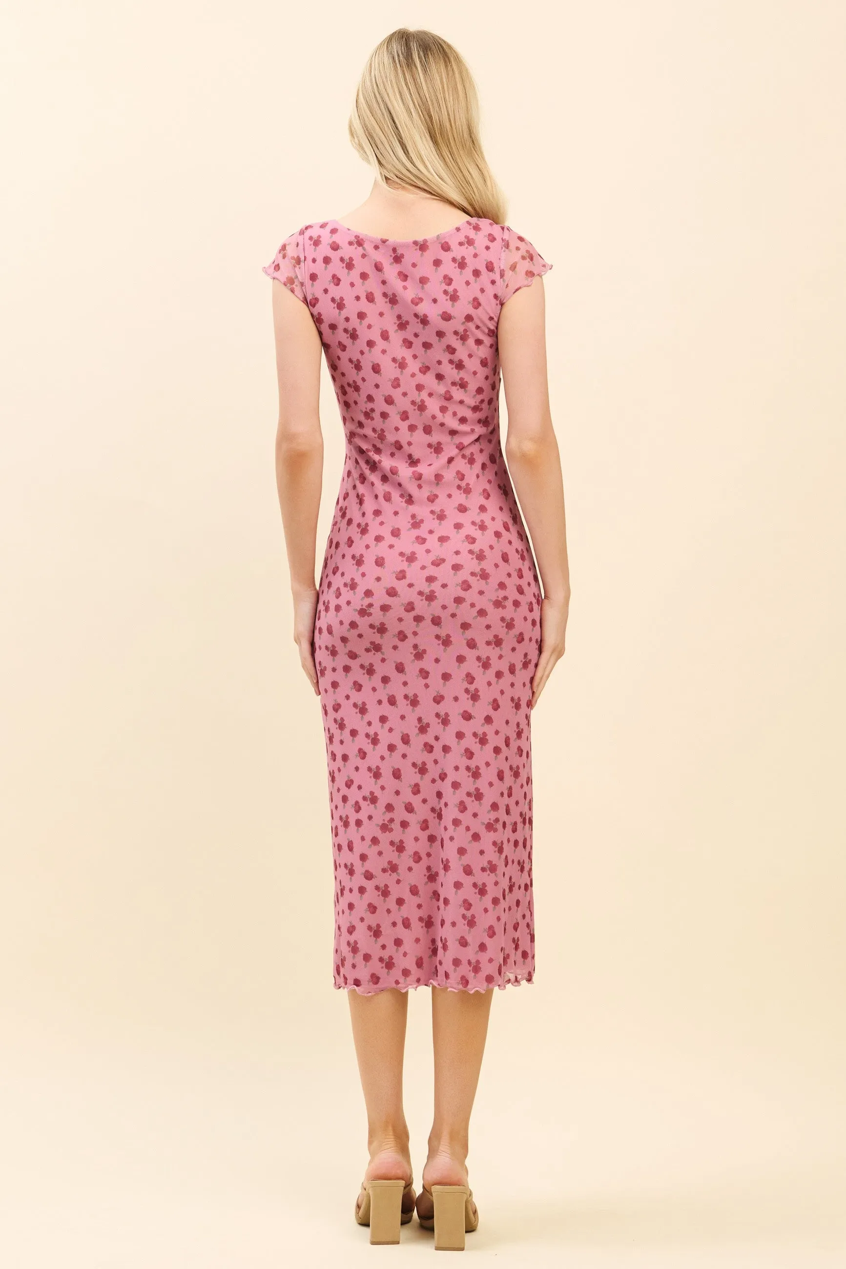 Pink Floral Mesh Front Tie Cutout Midi Dress sold by Pinkblush product image thumbnail 3