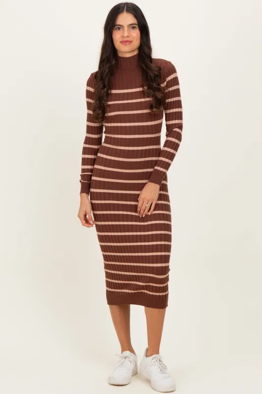 Brown Striped Turtleneck Midi Sweater Dress sold by Pinkblush