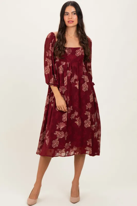Burgundy Floral Textured Midi Dress sold by Pinkblush
