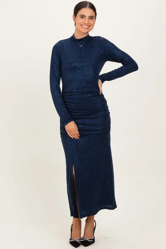Navy Sequin Long Sleeve Mock Neck Maxi Dress sold by Pinkblush