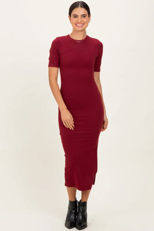Burgundy Ruched Side Slit Midi Dress sold by Pinkblush