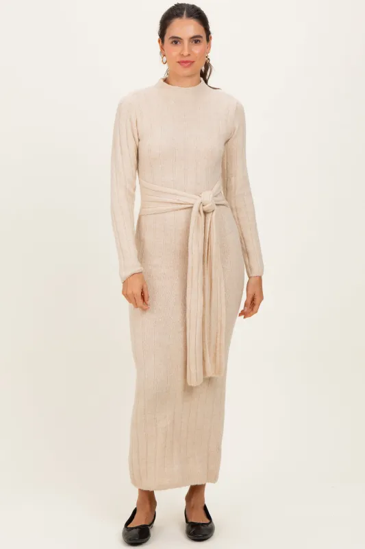 Cream Ribbed Front Tie Maxi Sweater Dress sold by Pinkblush
