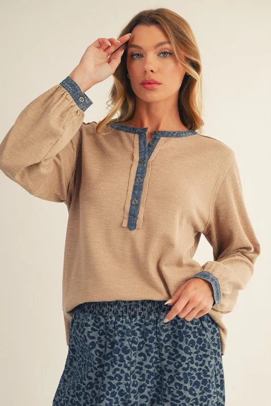 Mocha Rib Knit Casual Henley Top made by Pinkblush