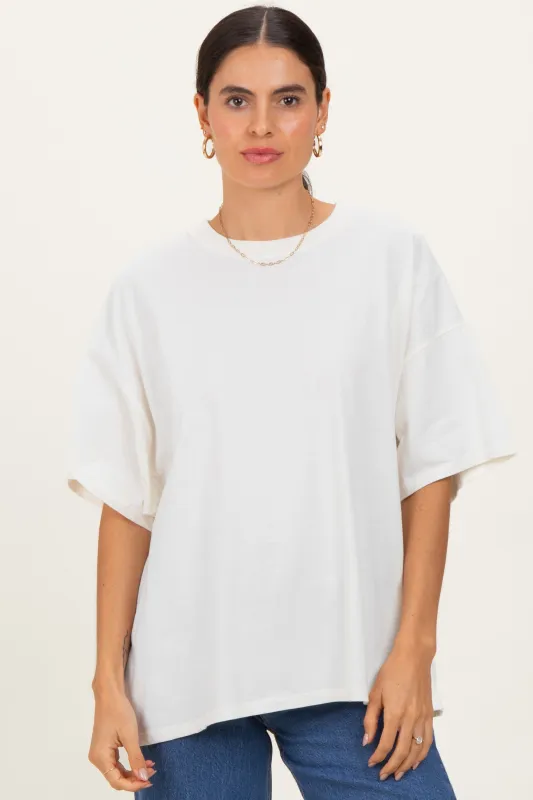 Cream Crew Neck Short Sleeve Oversized T-Shirt sold by Pinkblush