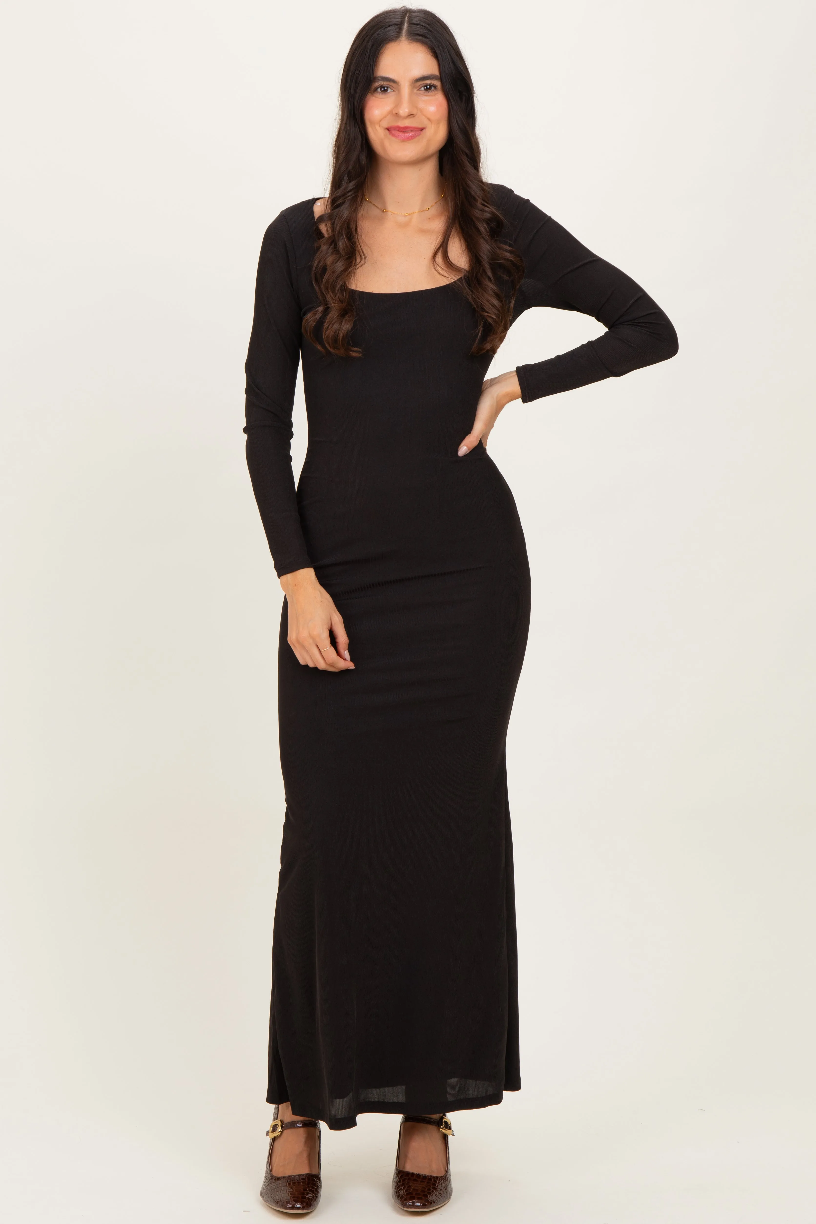 Black Square Neck Long Sleeve Maxi Dress sold by Pinkblush