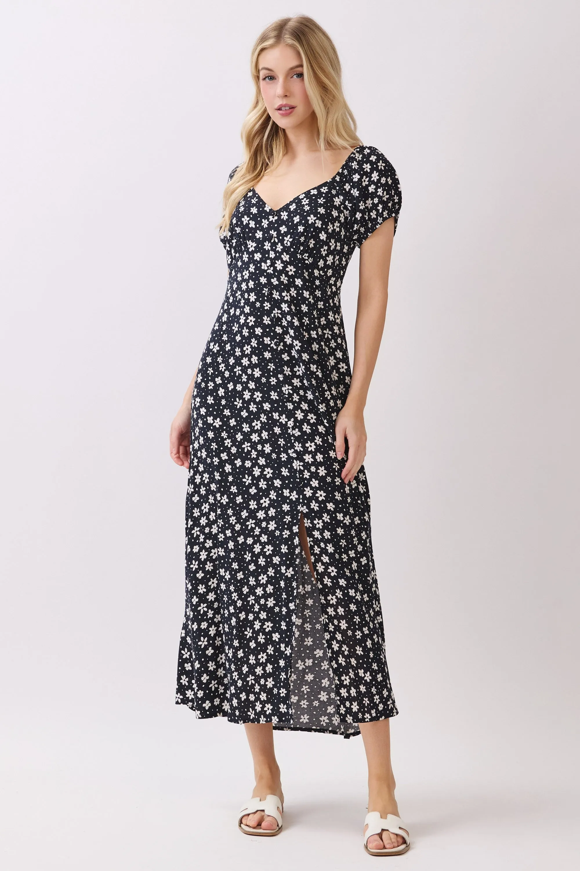 Black Floral V-Neck Button Detail Midi Dress sold by Pinkblush