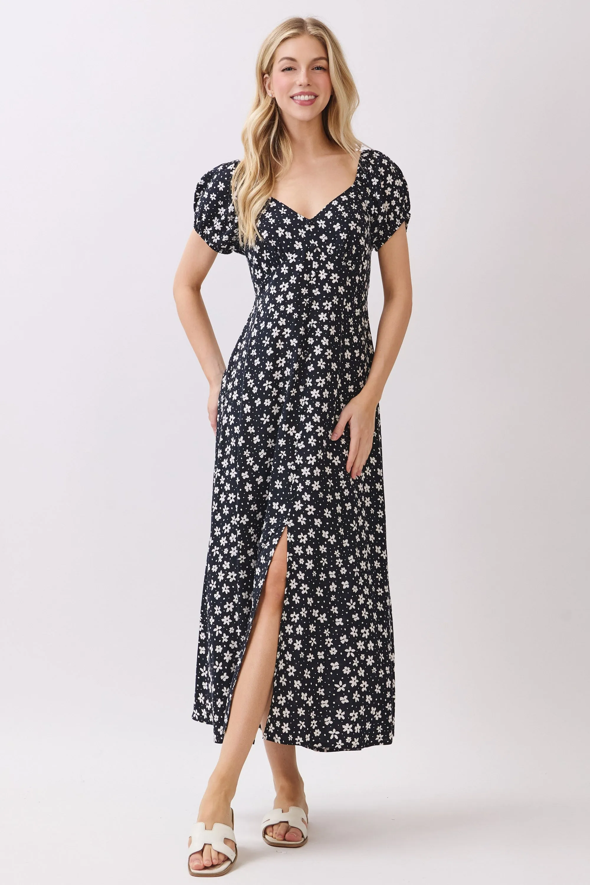 Black Floral V-Neck Button Detail Midi Dress sold by Pinkblush product image thumbnail 2