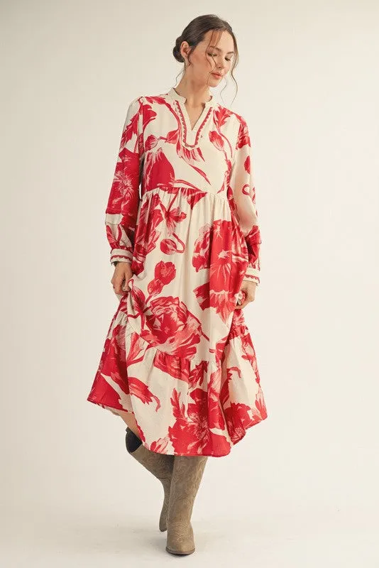 Cream/Red Big Floral Print Midi Dress sold by Pinkblush